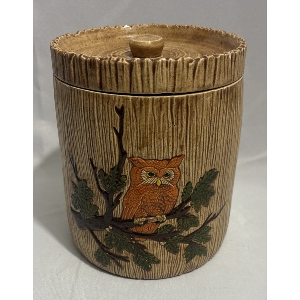 🦉Vintage Owl Ceramic Canister Brown Wood Grain 8.5"